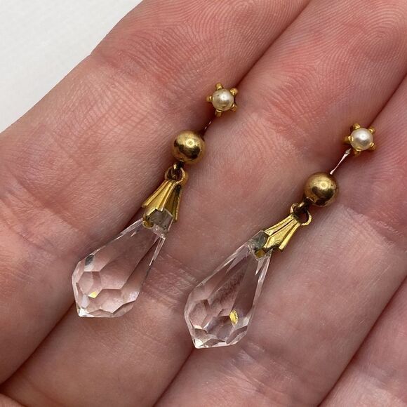 💛 Vintage Gold Filled Bricolette Crystal Drop Earrings - Picture 3 of 3